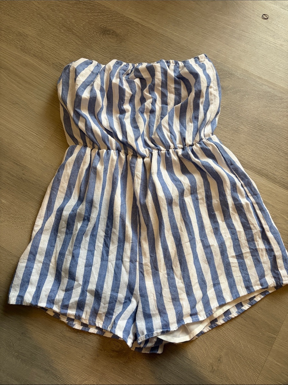 SHEIN Blue and White Striped Strapless Romper